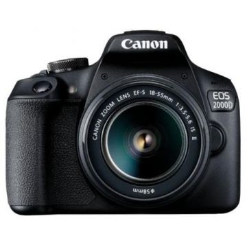 Aparat Foto D-SLR Canon EOS 2000D + EF-S 18-55mm IS II, 24.1 MP, Ecran 3inch LCD, Filmare Full HD (Negru)