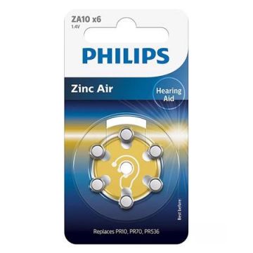 Baterie auditiva Philips ZA10B6A/00, Zinc Air, ZA10, 90 mAh, 1.4V, 6 buc