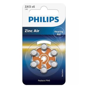 Baterie auditiva Philips ZA13B6A/00, Zinc Air, ZA13, 280 mAh, 1.4V, 6 buc