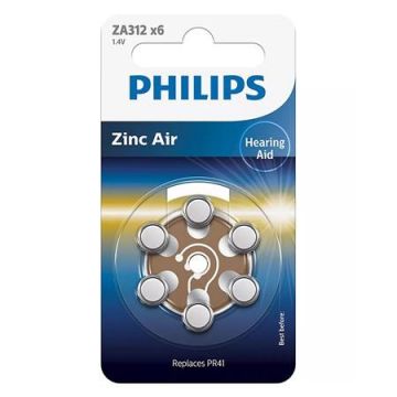 Baterie auditiva Philips ZA312B6A/0, Zinc Air, ZA312, 160 mAh, 1.4V, 6 buc