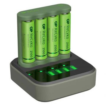 Statie de incarcare GP Batteries B421, 4 sloturi, Afisaj LCD (Verde)