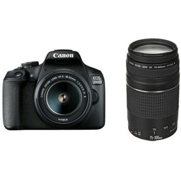 Aparat Foto D-SLR Canon EOS 2000D + EF-S 18-55mm IS + EF 75-300mm, 24.1 MP, Ecran 3inch LCD, Filmare Full HD (Negru)