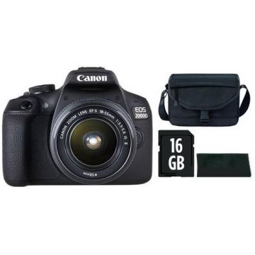Aparat Foto D-SLR Canon EOS 2000D + EF-S 18-55mm IS II, 24.1 MP, Ecran 3inch LCD, Filmare Full HD + Geanta Canon + Laveta + Card 16GB SD (Negru)