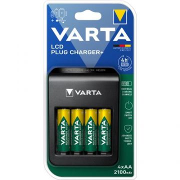 Incarcator VARTA, LCD Plug + 4 baterii AA, 2100 mAh, Multicolor
