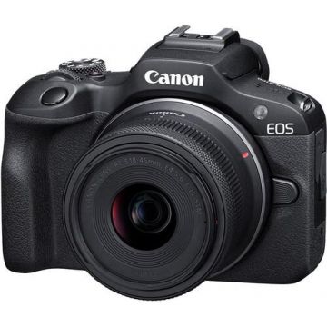 Aparat foto Mirrorless Canon EOS R100, CMOS, 4K, 24.1 MP, Ecran LCD 3inch + RF-S 18-45mm f/4.5-6.3 IS STM (negru)