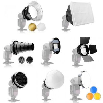 Falcon Eyes Kit modificatoare lumina pentru blitz pe patina SGA-K9 – snoot, grid, beauty dish, globe diffuser, barndoor, softbox cu montura universala