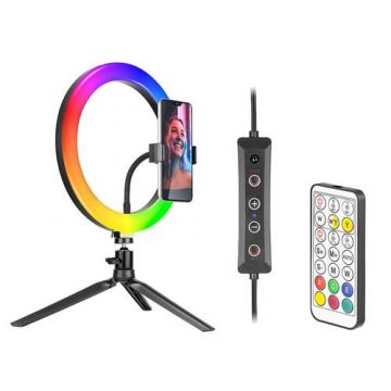 Lampa circulara cu trepied Tracer RGB LED TRAOSW46807 Ring Light 26cm, 153 LED-uri, 18 culori (Negru)