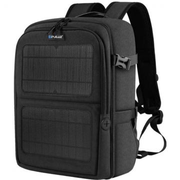 Puluz Rucsac foto impermeabil cu panouri solare PU5018B Puluz pentru camera video sport, accesorii si laptop de pana la 14 inch, Negru