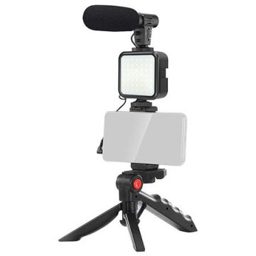 Set vlogging Platinet 4in1 PMVG4IN1, Microfon, Lampa LED, Suport smartphone, Trepied de masa (Negru)
