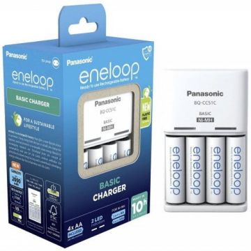 Eneloop Incarcator Panasonic Eneloop Basic, include 4 x Eneloop R6 AA, 2000mA, K-KJ51MCD40E