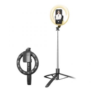 Lampa circulara Usams Light Ring cu trepied si suport telefon inclus, 3 temperaturi de culoare, telecomanda  Bluetooth, Negru