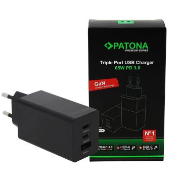 Patona Incarcator Patona Premium GaN PD65W Adapter 2xUSB-C 1xUSB-A PD3.0 QC3.0 - 2640