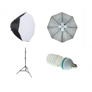 Generic Kit lumina continua foto video cu 4 becuri E27, softbox octogonal 70cm si stativ 75-205cm