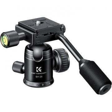 K&F Concept Cap sferic pentru trepied metalic K&F Concept, 26 mm cu mâner, rotativ la 360 de grade, panoramic, cu nivelă cu eliberare rapidă de 1/4 inch pentru cameră video monopied, capacitate de încărcare de până la 8 kg, Negru