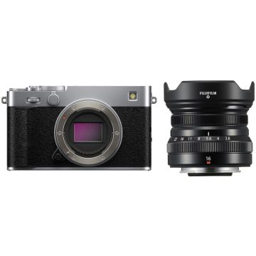 FUJIFILM Aparat Foto Mirrorless Fujifilm X-E5, 40MP, 6K + Obiectiv XF 16mm F2.8 R WR, Argintiu