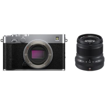 FUJIFILM Aparat Foto Mirrorless Fujifilm X-E5, 40MP, 6K + Obiectiv XF 50mm F2.0 R WR, Argintiu
