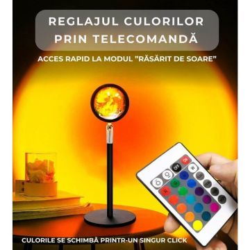 DelSim Lampa ambientala LED,  Smart 72DESI, efecte de lumini pentru fotografie si transmisie live, control prin Aplicatie telefon si telecomanda, proiecteaza Apus de Soare, lentila de cristal, 16 culori si 4 nuante de curcubeu, cap rotativ 360°, Negru